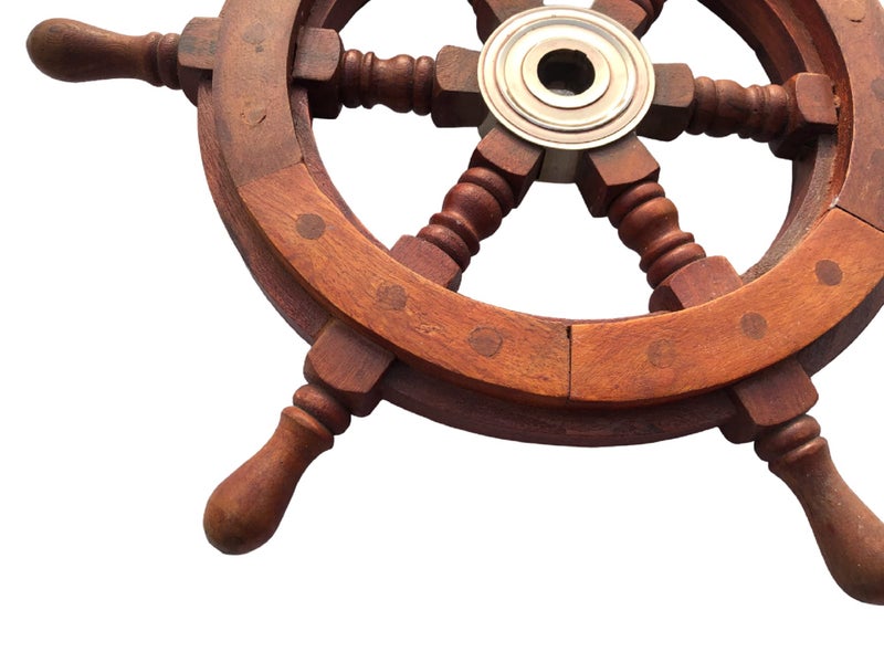 NauticalMart 24" Wood and Brass Nautical Ship Wheel Marine Decor Hand Crafted Boat Ship Steering Wheel Fish Wall Hanging Wheel for Home, Outdoor & Ocean - Image 3